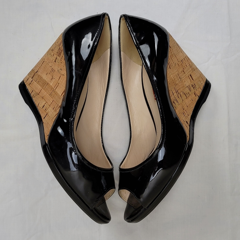 Prada Black Patent Peep Toe Cork Wedge Pumps Size 8 - Picture 5 of 7